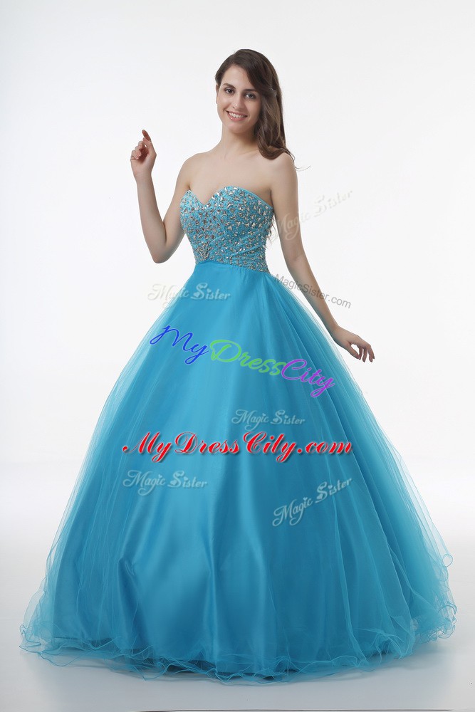 Exquisite Baby Blue Lace Up Sweetheart Beading 15 Quinceanera Dress Tulle Sleeveless