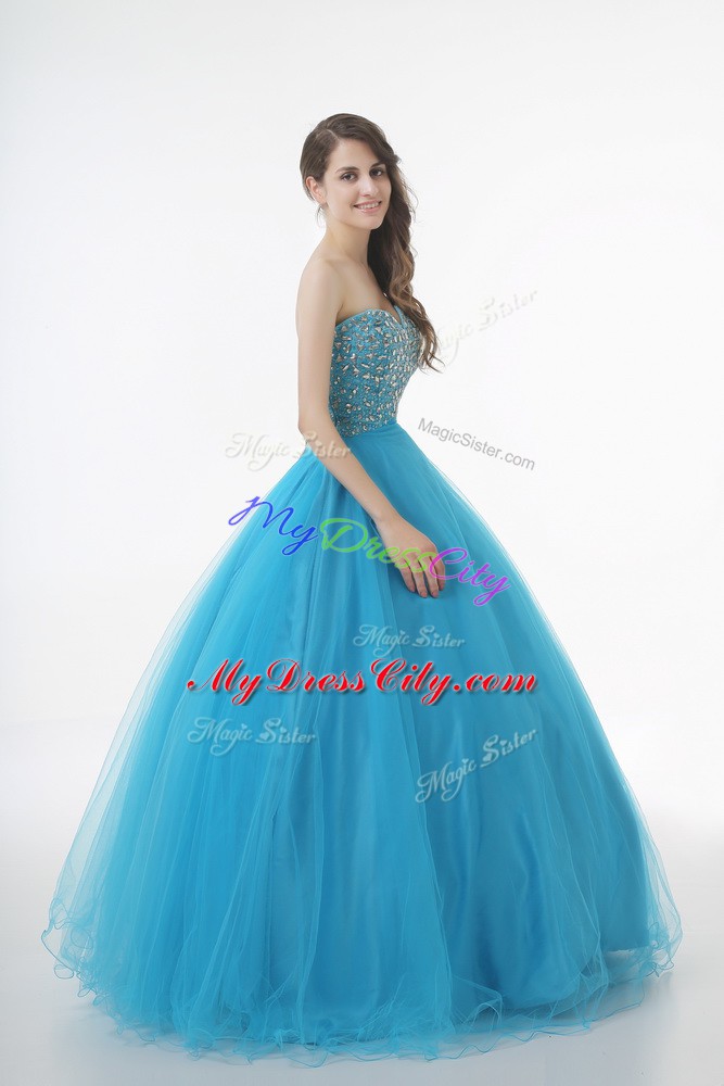 Exquisite Baby Blue Lace Up Sweetheart Beading 15 Quinceanera Dress Tulle Sleeveless