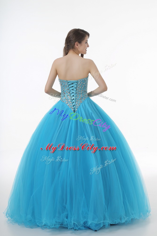 Exquisite Baby Blue Lace Up Sweetheart Beading 15 Quinceanera Dress Tulle Sleeveless