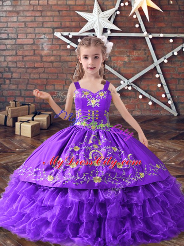 Straps Sleeveless Satin and Organza Pageant Dresses Embroidery and Ruffled Layers Lace Up