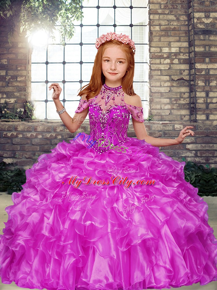 Admirable High-neck Sleeveless Organza Glitz Pageant Dress Beading and Ruffles Lace Up