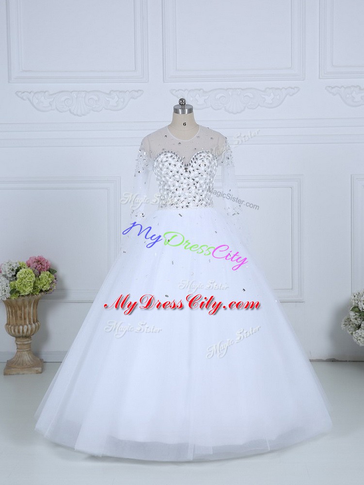 Custom Fit Tulle Scoop Long Sleeves Lace Up Beading Wedding Gown in White