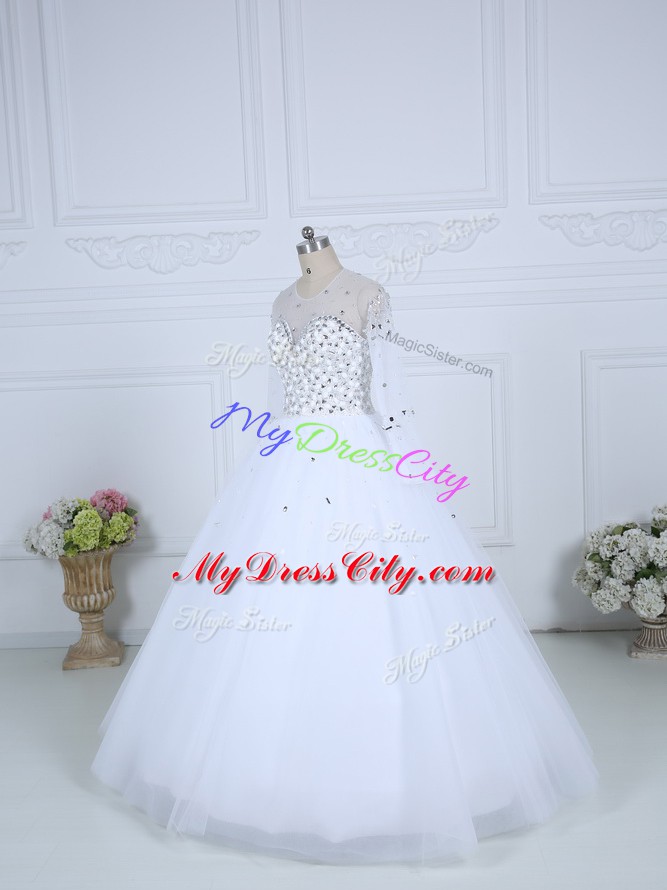 Custom Fit Tulle Scoop Long Sleeves Lace Up Beading Wedding Gown in White