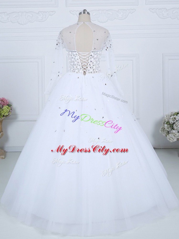 Custom Fit Tulle Scoop Long Sleeves Lace Up Beading Wedding Gown in White