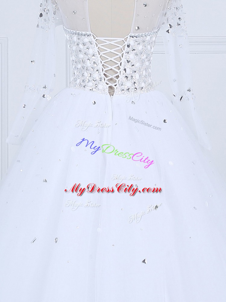 Custom Fit Tulle Scoop Long Sleeves Lace Up Beading Wedding Gown in White