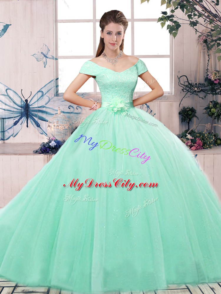 Affordable Floor Length Ball Gowns Short Sleeves Apple Green Quince Ball Gowns Lace Up