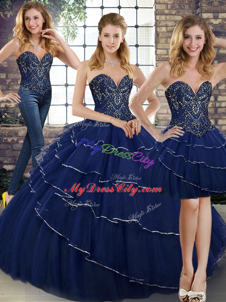 Gorgeous Lace Up Sweet 16 Dress Navy Blue for Military Ball and Sweet 16 and Quinceanera with Beading and Ruffled Layers Brush Train