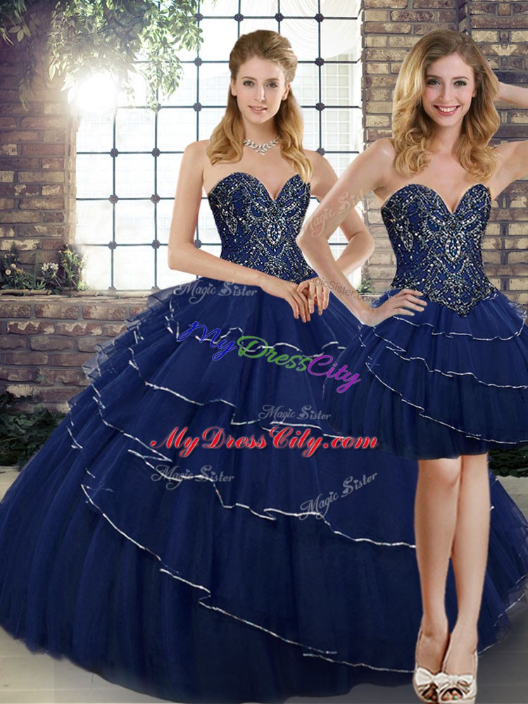 Gorgeous Lace Up Sweet 16 Dress Navy Blue for Military Ball and Sweet 16 and Quinceanera with Beading and Ruffled Layers Brush Train