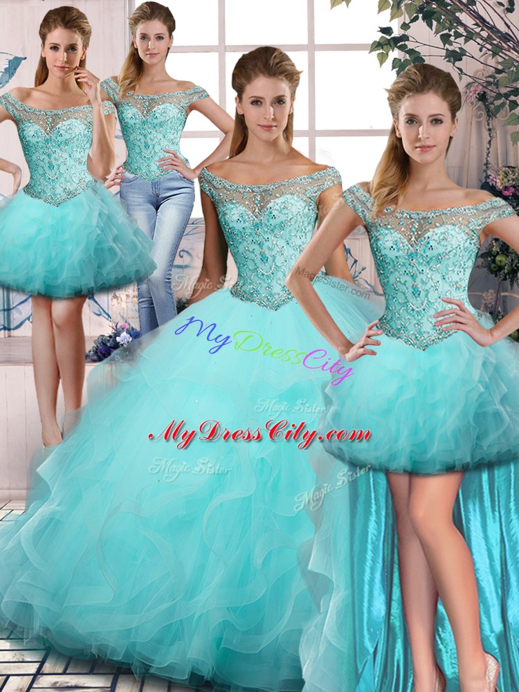 Nice Aqua Blue Ball Gowns Beading and Ruffles Ball Gown Prom Dress Lace Up Tulle Sleeveless Floor Length