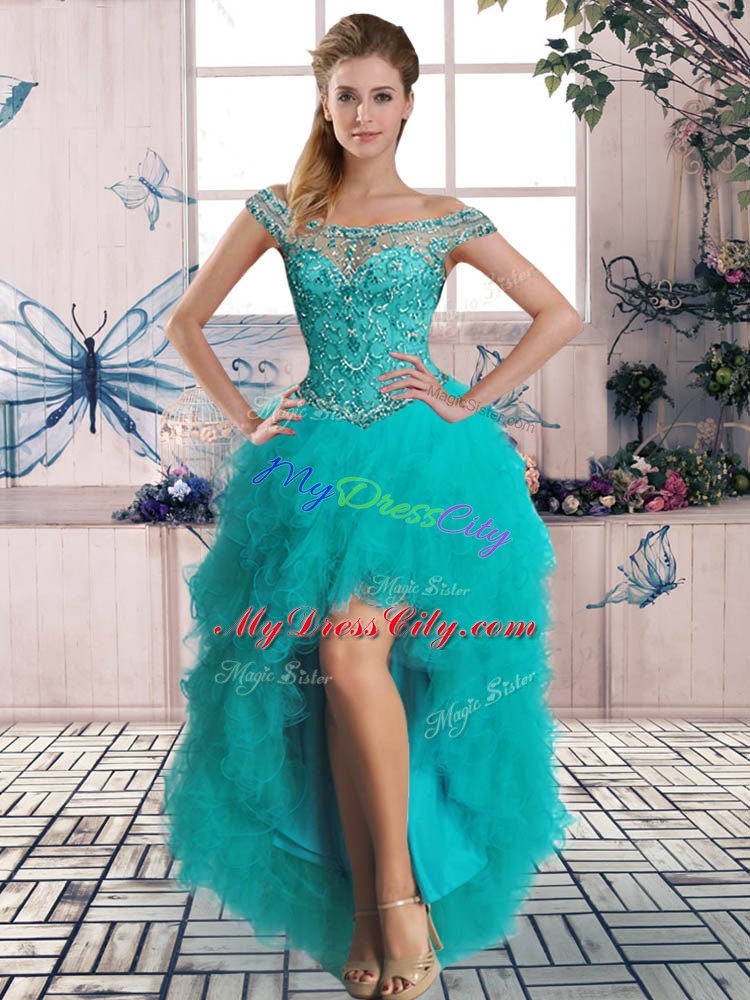 Unique Sleeveless Lace Up High Low Beading and Ruffles Custom Made