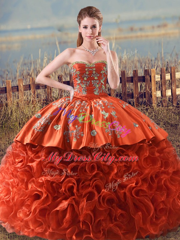 Orange Red Ball Gowns Embroidery and Ruffles Quinceanera Dresses Lace Up Fabric With Rolling Flowers Sleeveless Floor Length