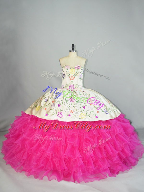 Romantic Fuchsia Sleeveless Embroidery Floor Length Sweet 16 Dress