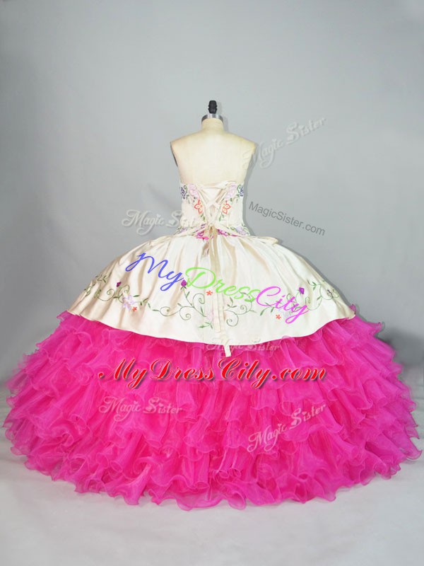 Romantic Fuchsia Sleeveless Embroidery Floor Length Sweet 16 Dress