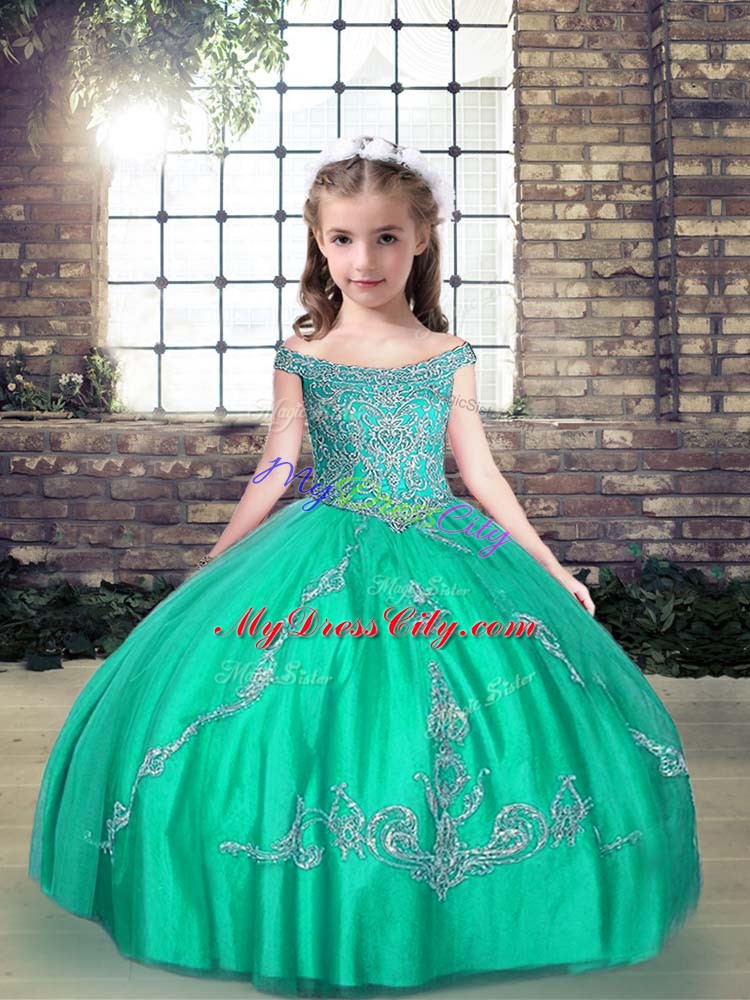 Floor Length Turquoise Child Pageant Dress Off The Shoulder Sleeveless Lace Up