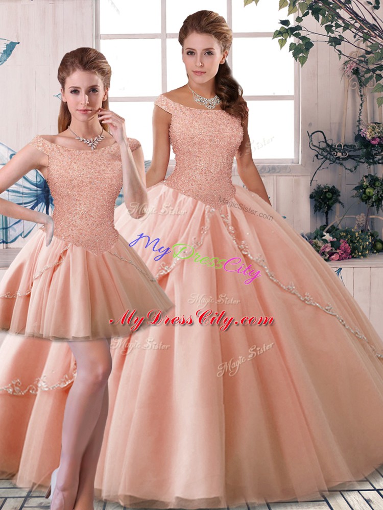 Tulle Sleeveless Quinceanera Dresses Brush Train and Beading