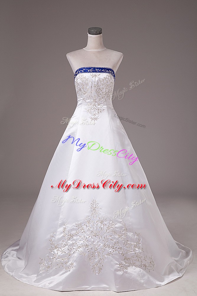 Custom Design Satin Sleeveless Wedding Gowns Brush Train and Beading and Embroidery