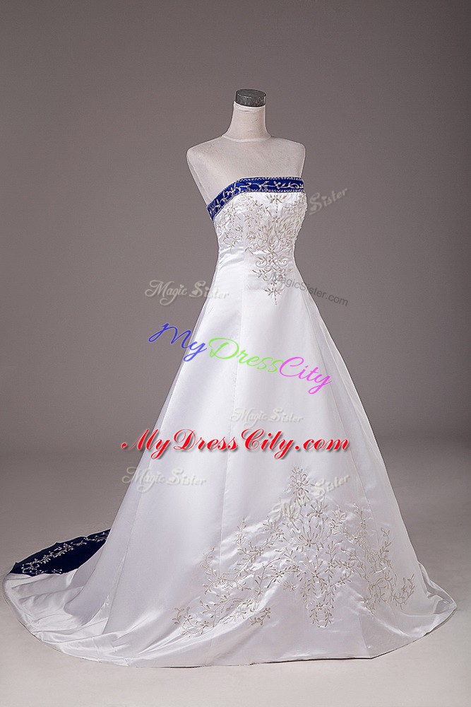 Custom Design Satin Sleeveless Wedding Gowns Brush Train and Beading and Embroidery