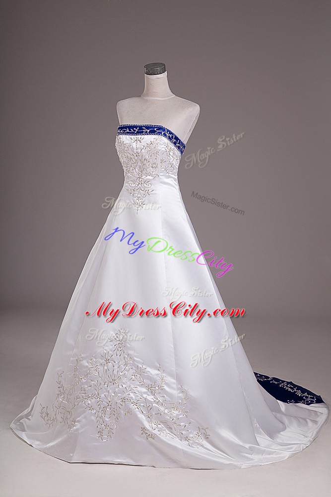 Custom Design Satin Sleeveless Wedding Gowns Brush Train and Beading and Embroidery