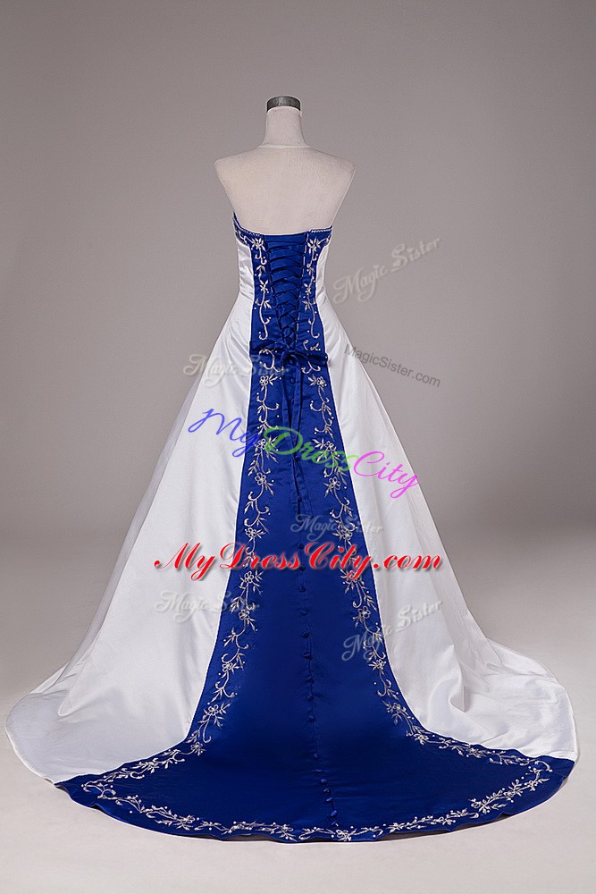 Custom Design Satin Sleeveless Wedding Gowns Brush Train and Beading and Embroidery