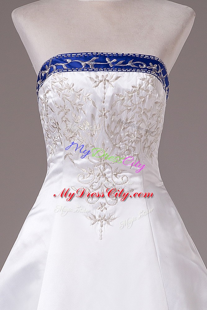 Custom Design Satin Sleeveless Wedding Gowns Brush Train and Beading and Embroidery