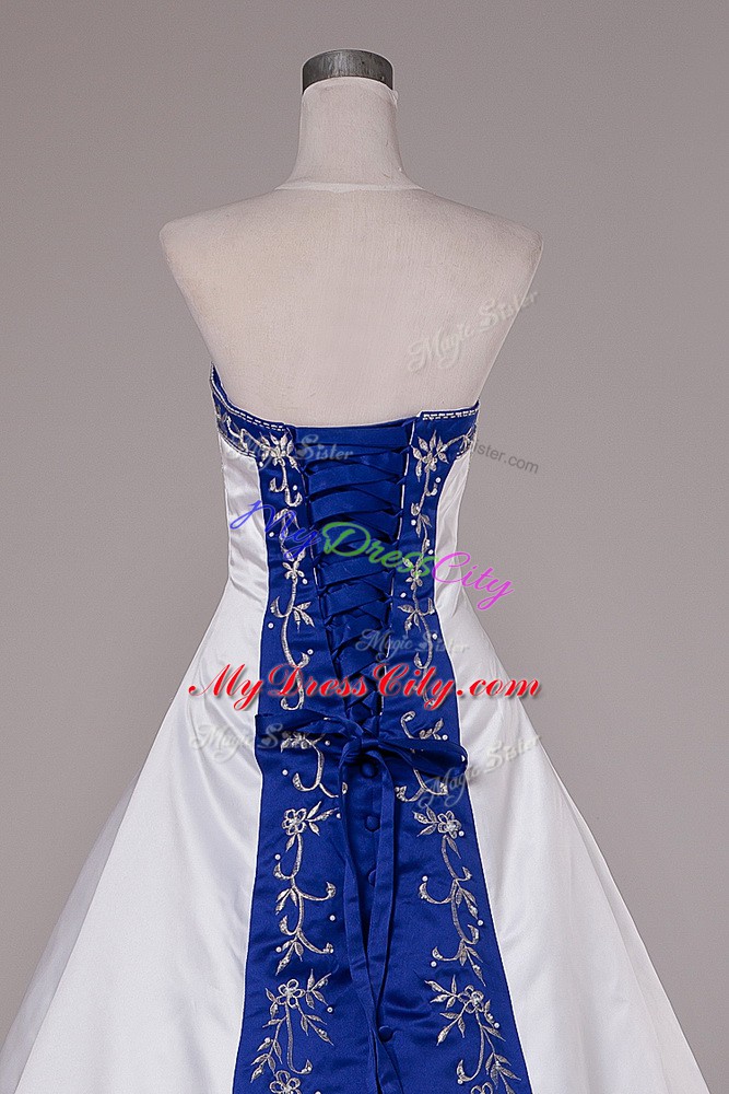 Custom Design Satin Sleeveless Wedding Gowns Brush Train and Beading and Embroidery