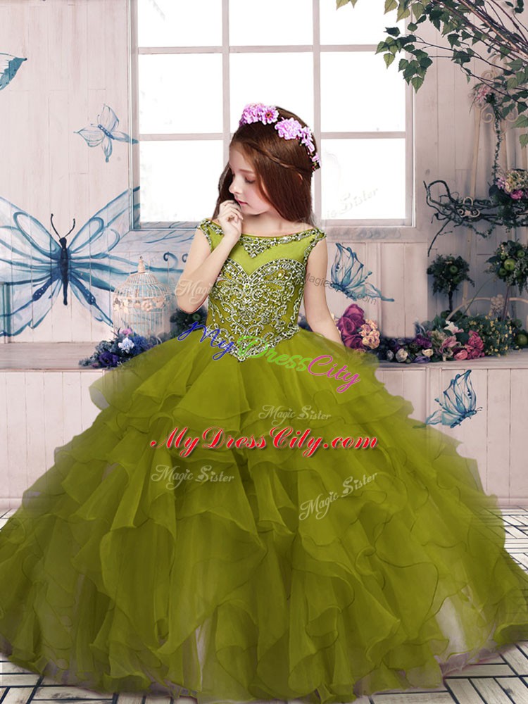 Olive Green Organza Lace Up Scoop Sleeveless Floor Length Pageant Gowns For Girls Beading and Ruffles