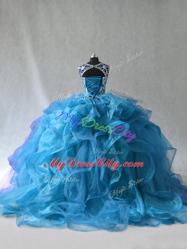 Hot Sale Blue Quinceanera Gown Sweet 16 and Quinceanera with Ruffles Scoop Sleeveless Side Zipper