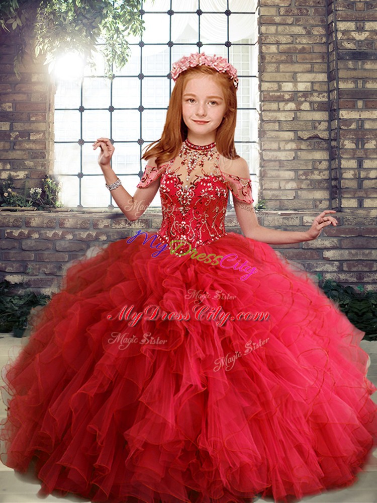 Modern Tulle Sleeveless Floor Length Little Girls Pageant Gowns and Ruffles