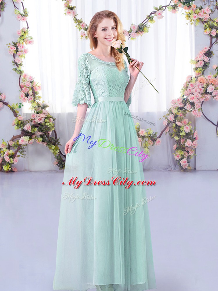 Artistic Light Blue Empire Scoop Half Sleeves Tulle Floor Length Side Zipper Lace and Belt Bridesmaid Dress