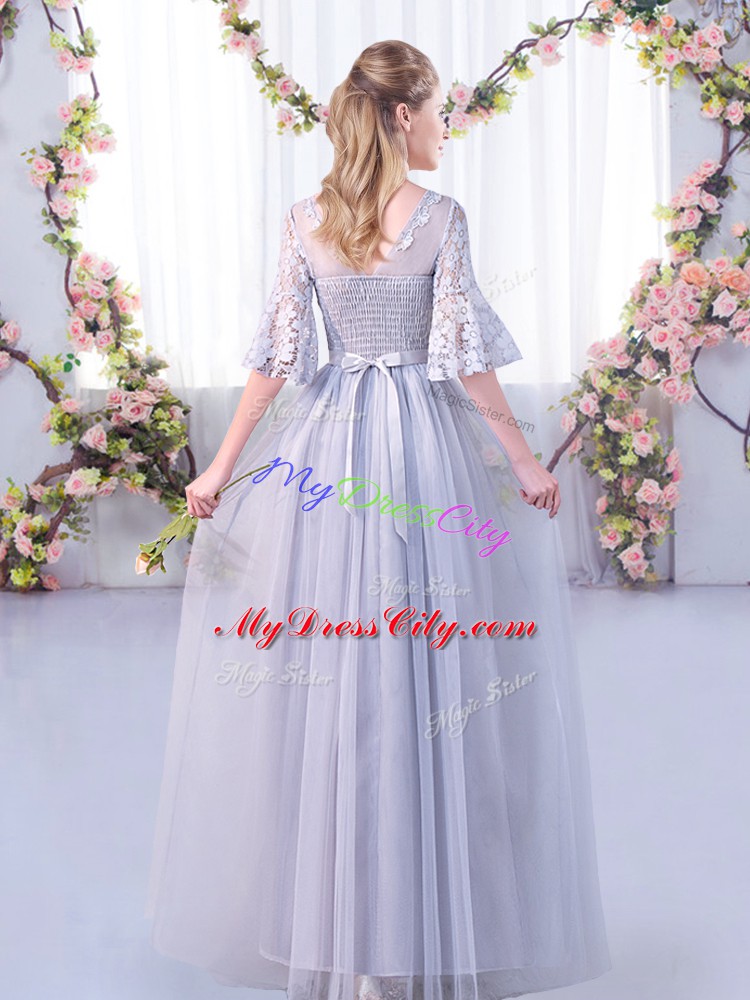 Artistic Light Blue Empire Scoop Half Sleeves Tulle Floor Length Side Zipper Lace and Belt Bridesmaid Dress