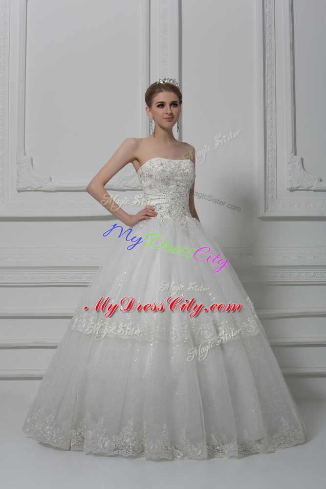 Charming White Strapless Lace Up Beading and Lace Wedding Gown Sleeveless