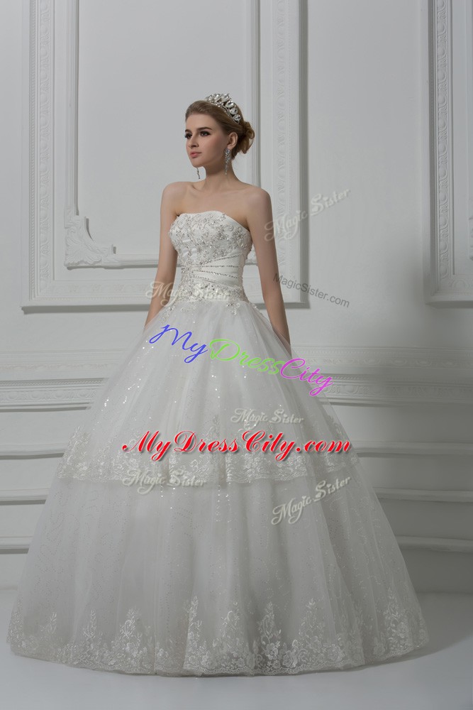 Charming White Strapless Lace Up Beading and Lace Wedding Gown Sleeveless