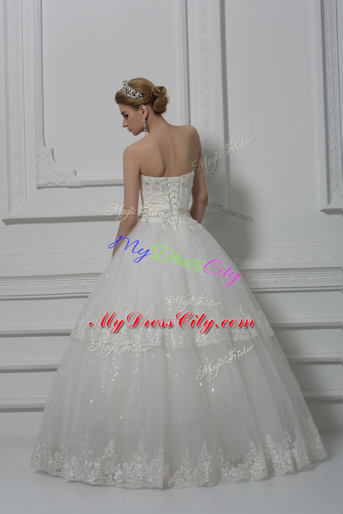 Charming White Strapless Lace Up Beading and Lace Wedding Gown Sleeveless