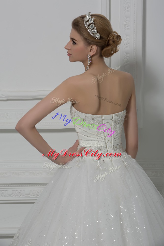 Charming White Strapless Lace Up Beading and Lace Wedding Gown Sleeveless