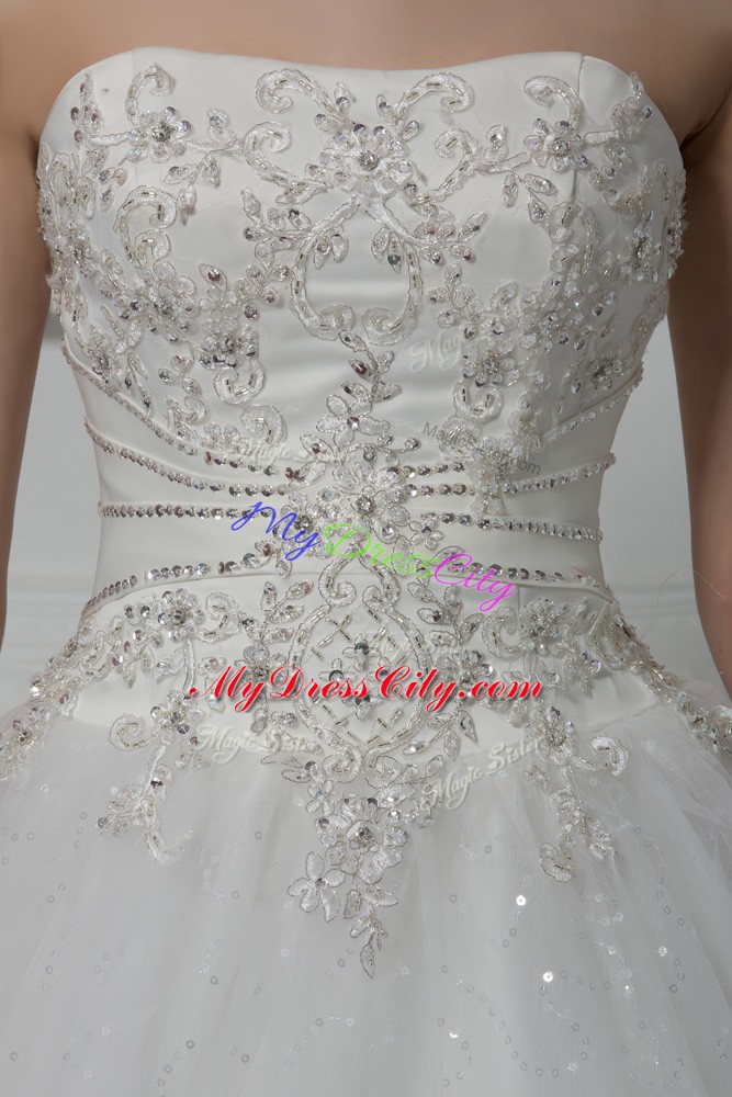 Charming White Strapless Lace Up Beading and Lace Wedding Gown Sleeveless