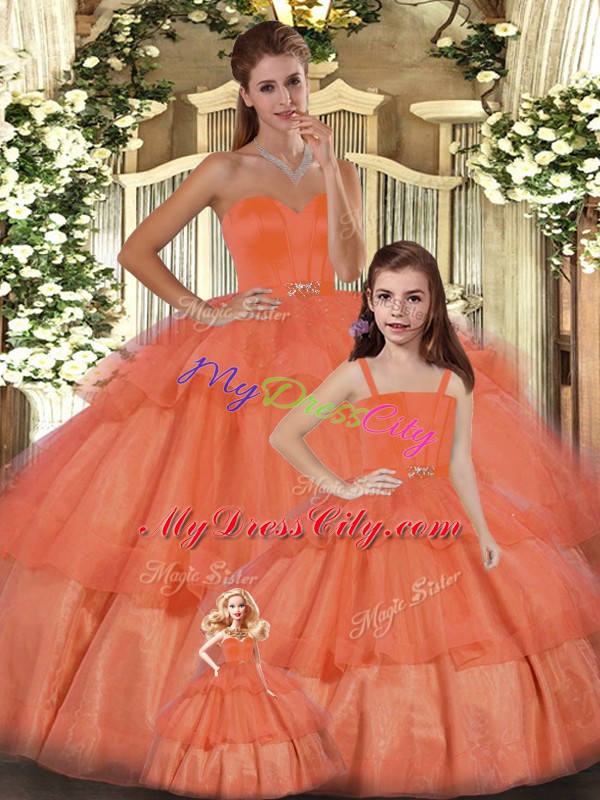 Sleeveless Organza Floor Length Lace Up Quinceanera Gowns in Orange with Ruffled Layers