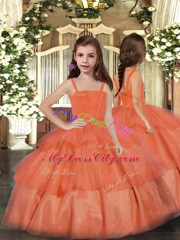 Sleeveless Organza Floor Length Lace Up Quinceanera Gowns in Orange with Ruffled Layers