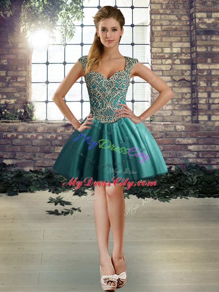 Teal Prom and Party with Beading Straps Sleeveless Lace Up