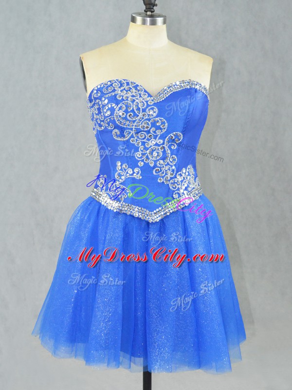 Tulle Sweetheart Sleeveless Lace Up Beading Prom Dress in Blue