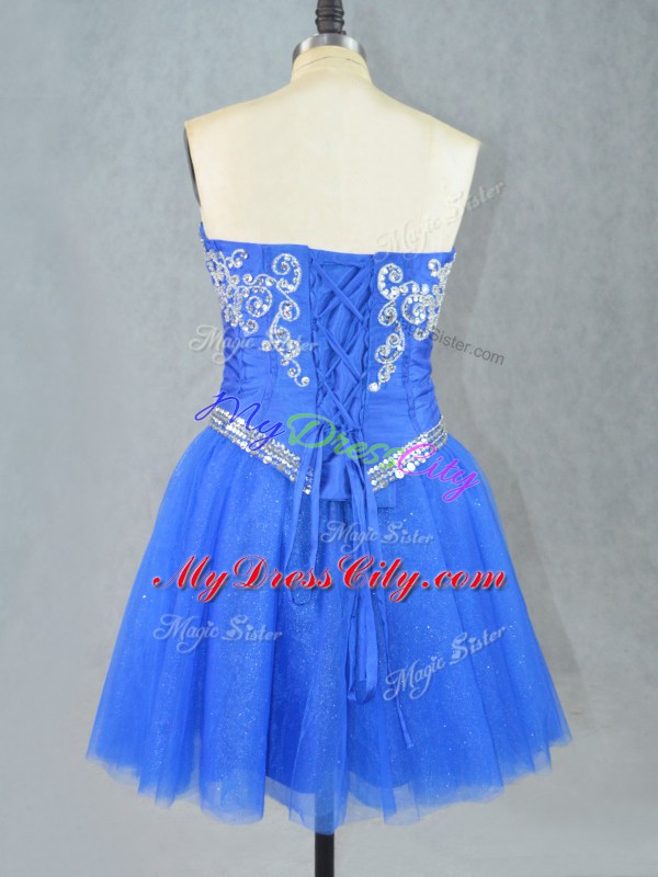 Tulle Sweetheart Sleeveless Lace Up Beading Prom Dress in Blue