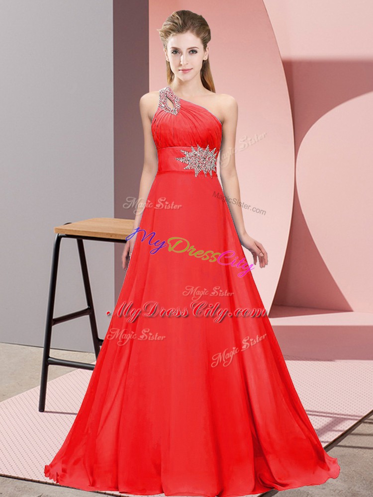 Admirable Sleeveless Chiffon Brush Train Lace Up in Red with Beading