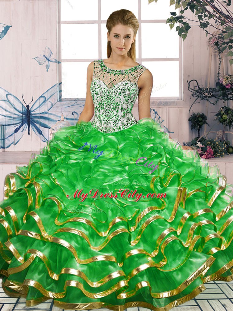 Customized Green Sleeveless Floor Length Beading and Ruffles Lace Up Quinceanera Dress