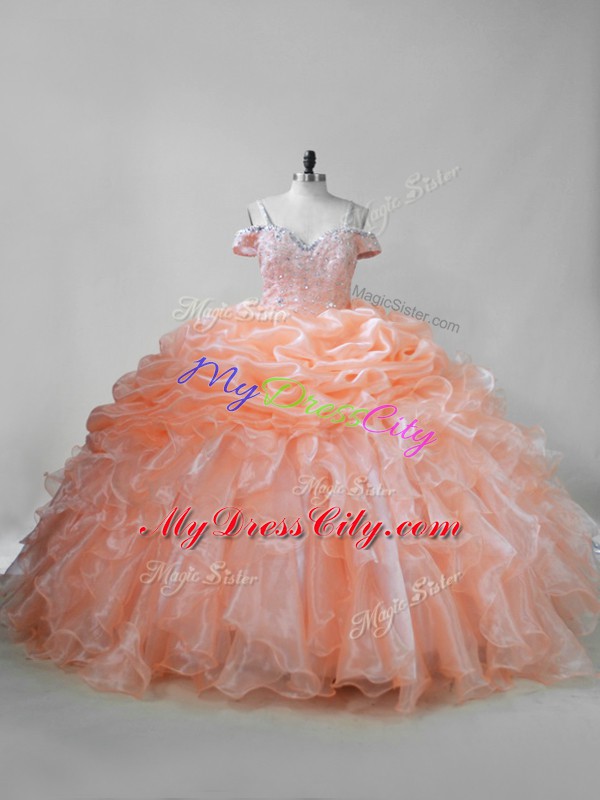 Sleeveless Brush Train Beading and Ruffles and Pick Ups Lace Up Ball Gown Prom Dress