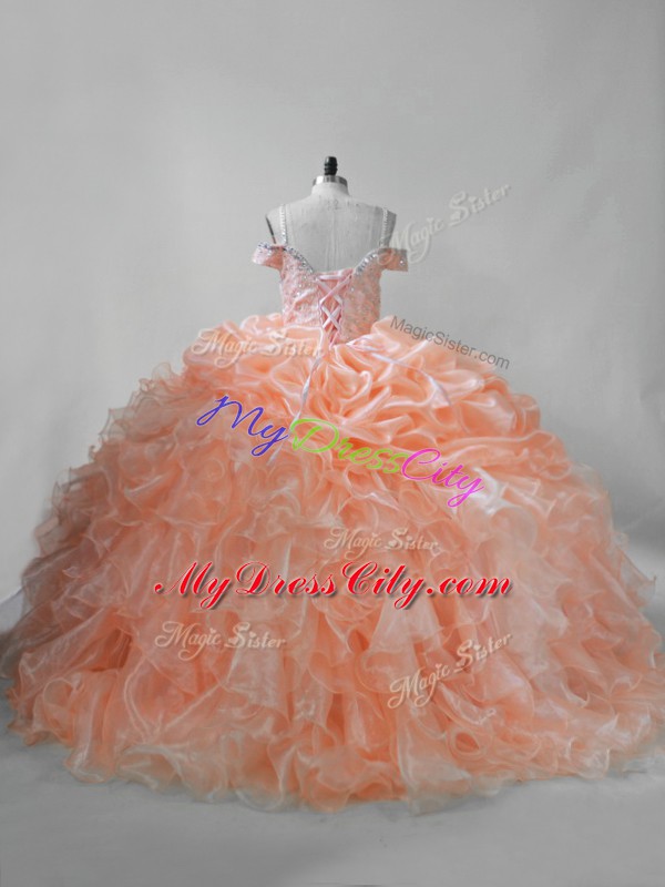 Sleeveless Brush Train Beading and Ruffles and Pick Ups Lace Up Ball Gown Prom Dress