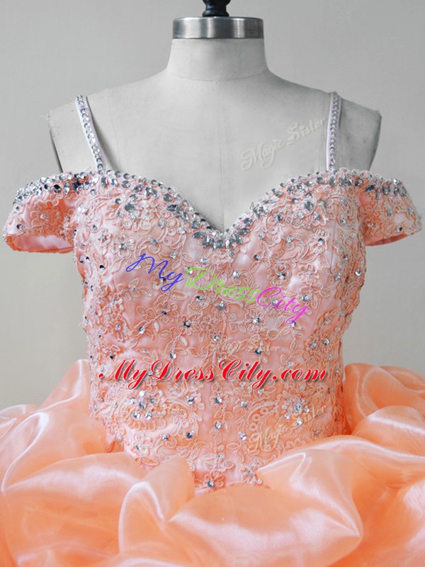 Sleeveless Brush Train Beading and Ruffles and Pick Ups Lace Up Ball Gown Prom Dress