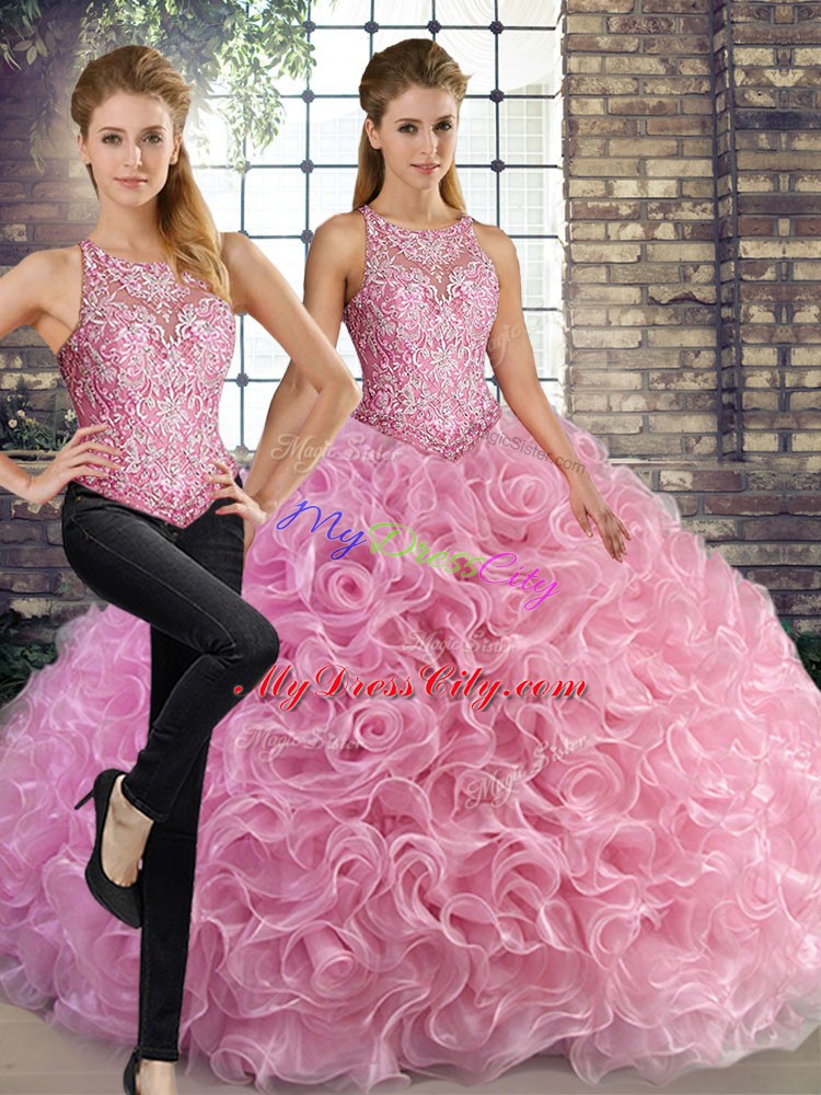 Rose Pink Lace Up Quinceanera Gown Beading Sleeveless Floor Length