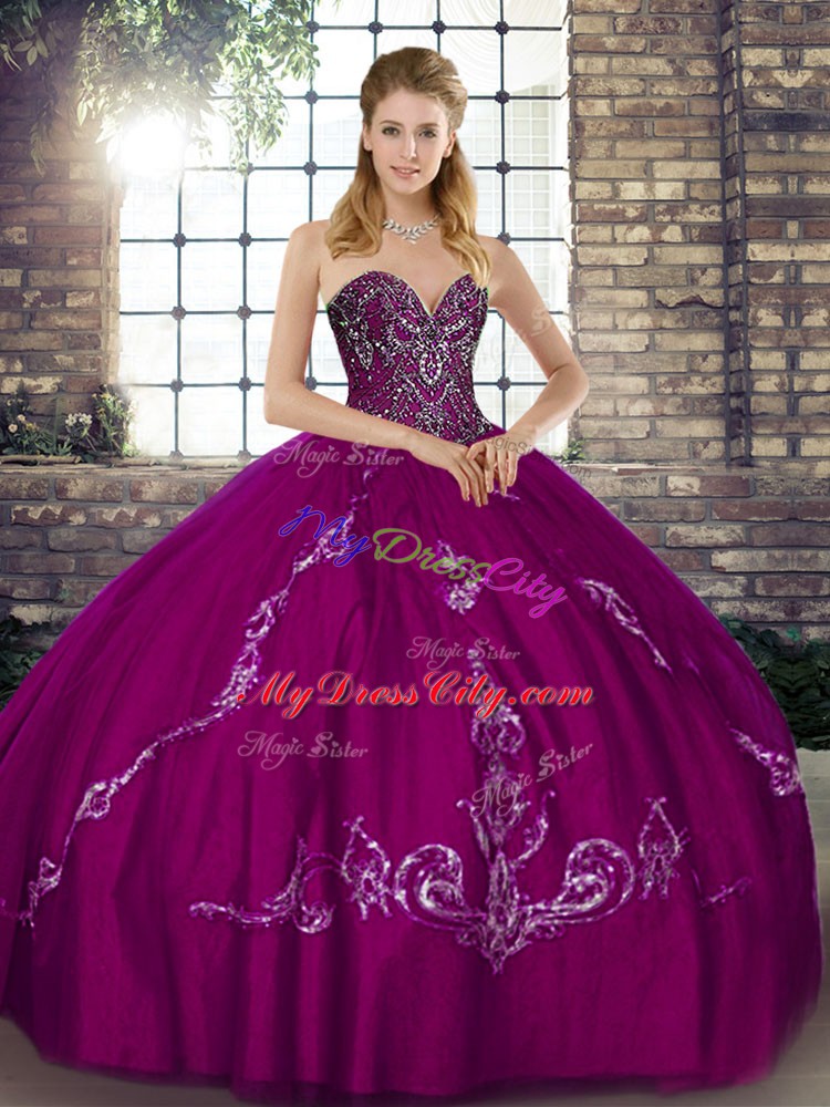 Elegant Fuchsia Sleeveless Tulle Lace Up Ball Gown Prom Dress for Military Ball and Sweet 16 and Quinceanera