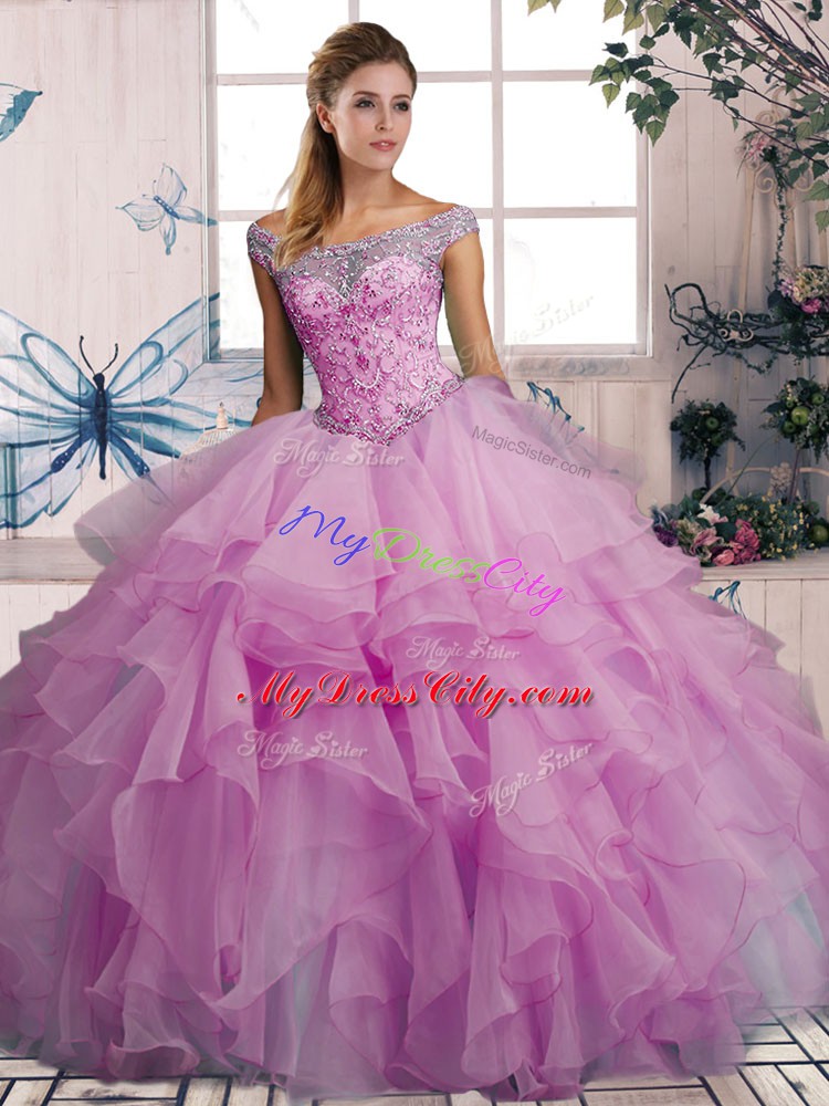 Excellent Floor Length Lace Up Quince Ball Gowns Lilac for Military Ball and Sweet 16 and Quinceanera with Beading and Ruffles