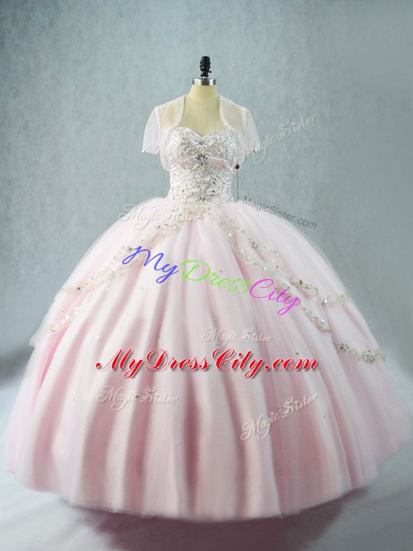 Pink Lace Up Sweetheart Beading Quinceanera Gowns Tulle Sleeveless