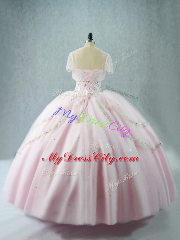 Pink Lace Up Sweetheart Beading Quinceanera Gowns Tulle Sleeveless